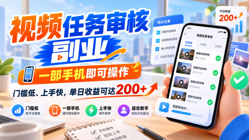 视频任务审核副业,一部手机即可操作,门槛低、上手快,单日收益可达200+【揭秘】-极客网创