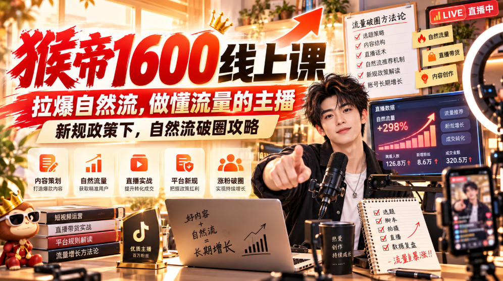 猴帝1600线上课，拉爆自然流，做懂流量的主播，新规政策下，自然流破圈攻略【更新261023】-极客网创