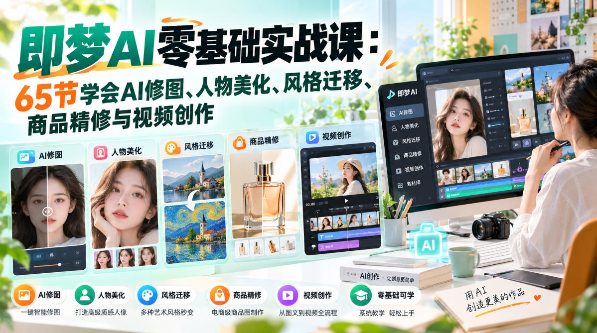 即梦AI零基础实战课：65节学会AI修图、人物美化、风格迁移、商品精修与视频创作-极客网创