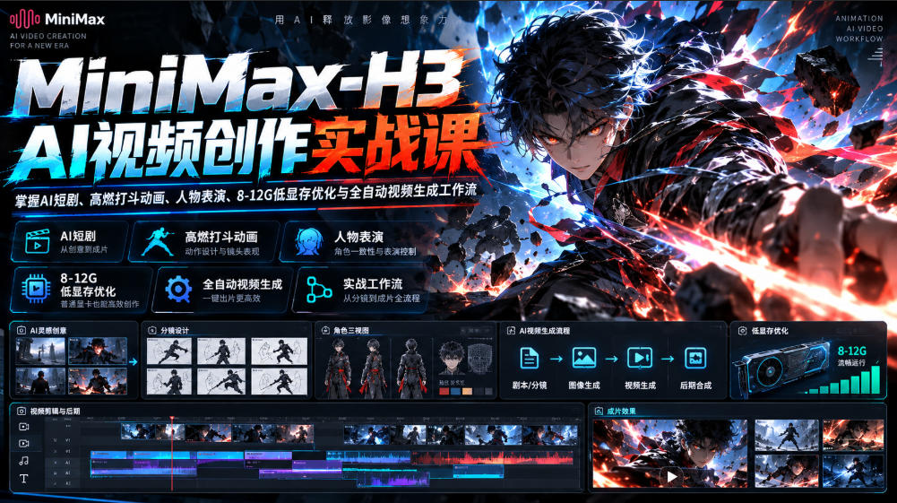 MiniMax-H3 AI视频创作实战课,掌握AI短剧、高燃打斗动画、人物表演、8-12G低显存优化与全自动视频生成工作流-极客网创