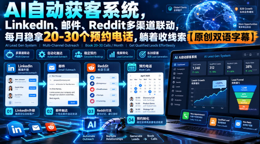 【无水印】AI自动获客系统,LinkedIn、邮件、Reddit多渠道联动,每月稳拿20-30个预约电话,躺着收线索【原创双语字幕】-极客网创