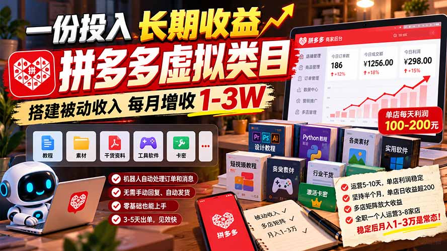 一份投入长期收益,拼多多虚拟类目,搭建被动收入每月增收 1-3W-极客网创