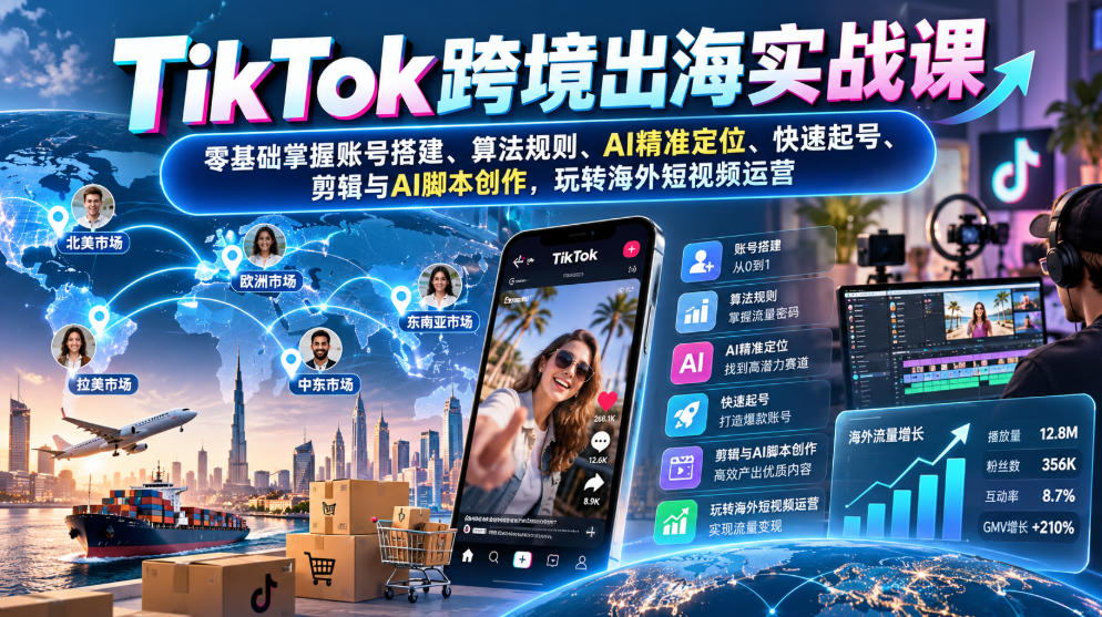 TikTok跨境出海实战课：零基础掌握账号搭建、算法规则、AI精准定位、快速起号、剪辑与AI脚本创作，玩转海外短视频运营-极客网创