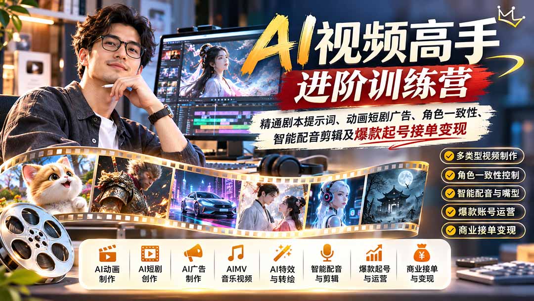 AI视频高手进阶训练营：精通剧本提示词、动画短剧广告、角色一致性、智能配音剪辑及爆款起号接单变现-极客网创