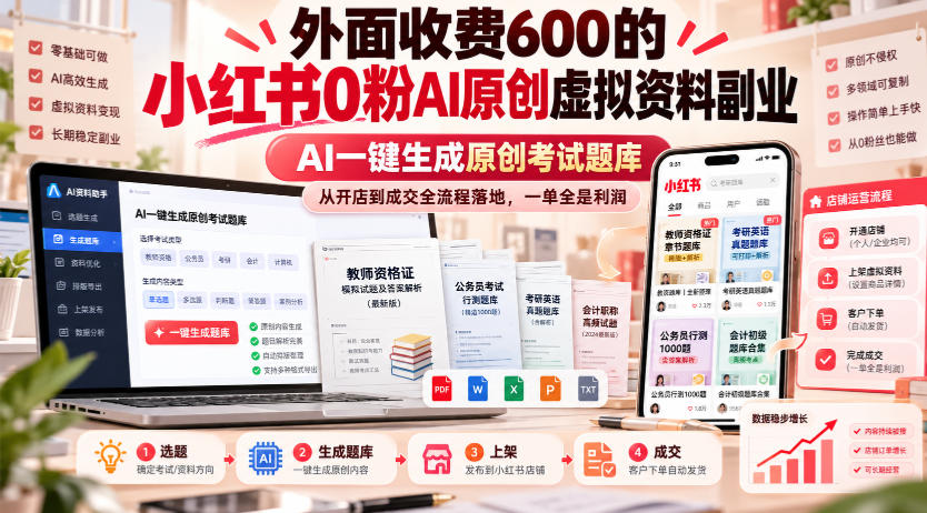 外面收费600的小红书0粉AI原创虚拟资料副业，AI一键生成原创考试题库，从开店到成交全流程落地，一单全是利润-极客网创