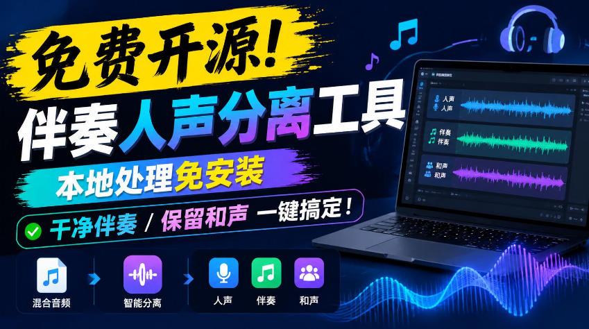 免费开源！伴奏人声分离工具，本地处理免安装，干净伴奏，保留和声一键搞定！-极客网创