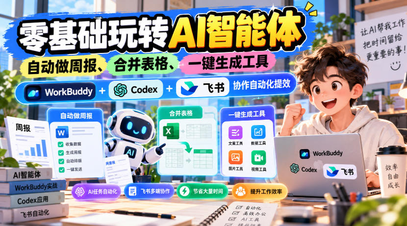 【无水印】零基础玩转AI智能体,自动做周报、合并表格、一键生成工具,WorkBuddy+Codex + 飞书协作自动化提效-极客网创
