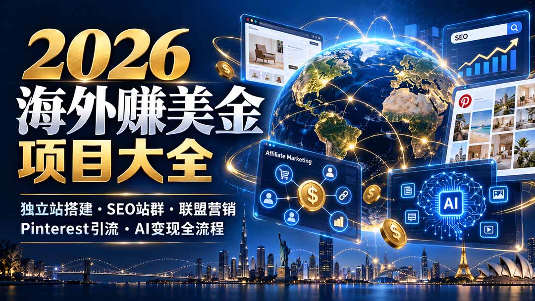 2026海外赚美金项目大全：独立站搭建、SEO站群、联盟营销、Pinterest引流与AI变现全流程-极客网创
