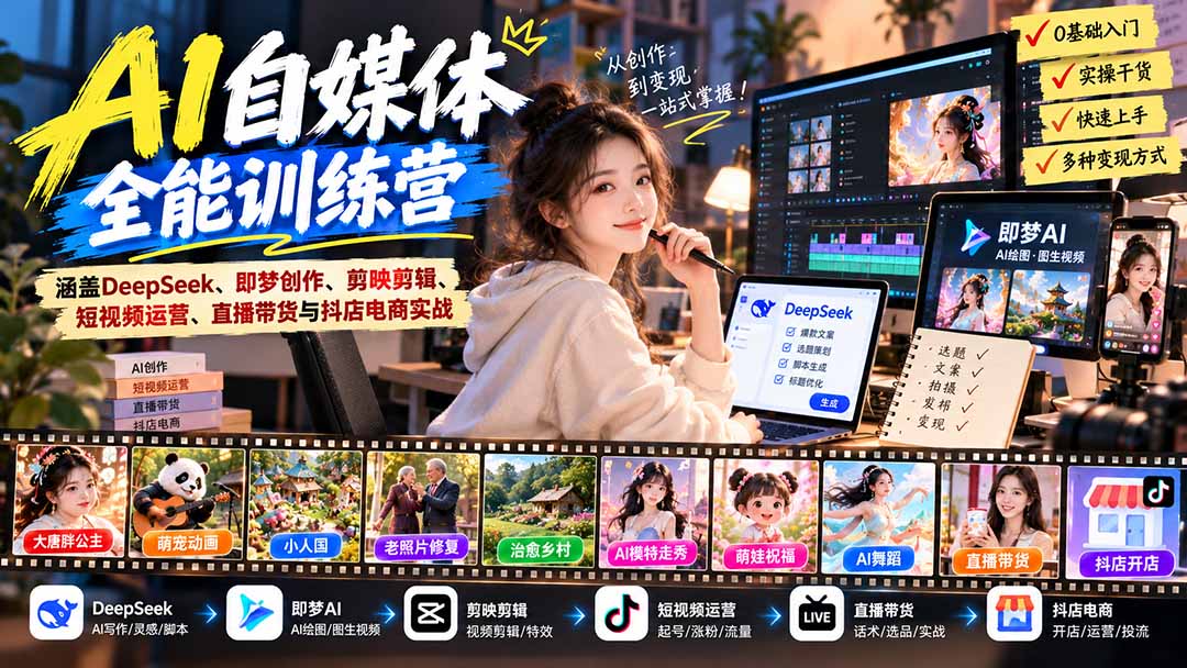 【无水印】AI+自媒体全能训练营：涵盖DeepSeek、即梦创作、剪映剪辑、短视频运营、直播带货与抖店电商实战-极客网创
