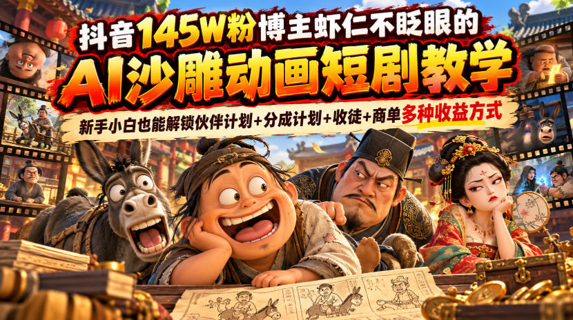 抖音145W粉博主虾仁不眨眼的AI沙雕动画短剧教学，新手小白也能解锁伙伴计划+分成计划+收徒+商单多种收益方式-极客网创