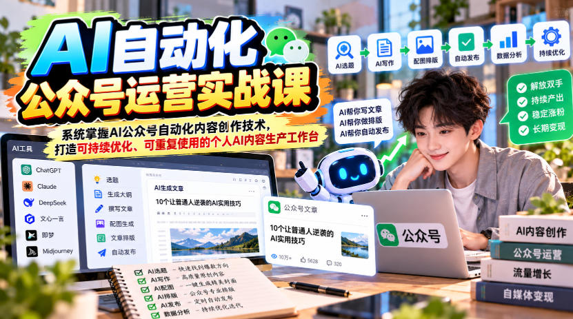 AI自动化公众号运营实战课，系统掌握AI公众号自动化内容创作技术，打造可持续优化、可重复使用的个人AI内容生产工作台-极客网创
