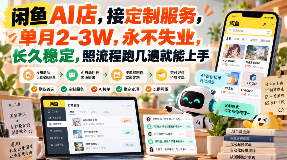 闲鱼AI店，接定制服务，单月2-3W，永不失业，长久稳定，照流程跑几遍就能上手-极客网创