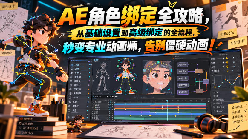 【无水印】AE角色绑定全攻略，从基础设置到高级绑定的全流程，秒变专业动画师，告别僵硬动画！【原创双语字幕】-极客网创