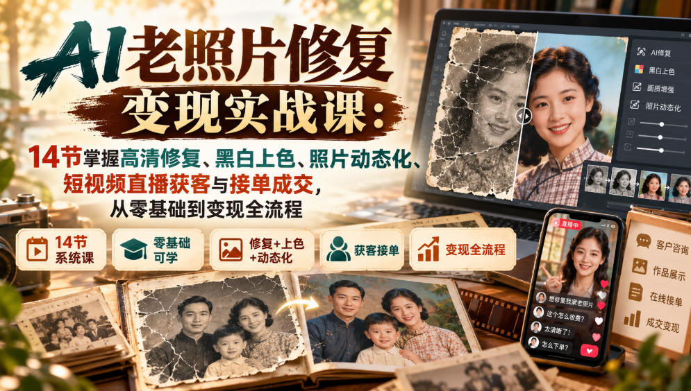 AI老照片修复变现实战课:14节掌握高清修复、黑白上色、照片动态化、短视频直播获客与接单成交,从零基础到变现全流程-极客网创