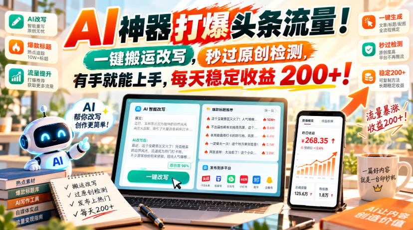 AI神器打爆头条流量，一键搬运改写，秒过原创检测，有手就能上手，每天稳定收益200+！【揭秘】-极客网创
