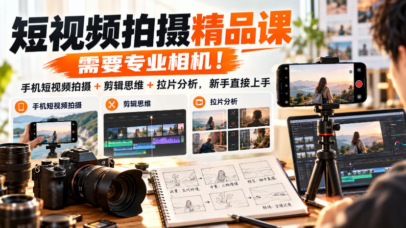 短视频拍摄精品课，需要专业相机！手机短视频拍摄+剪辑思维+拉片分析，新手直接上手-极客网创