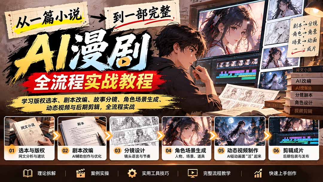 从一篇小说到一部完整AI漫剧：学习版权选本、剧本改编、故事分镜、角色场景生成、动态视频与后期剪辑-极客网创