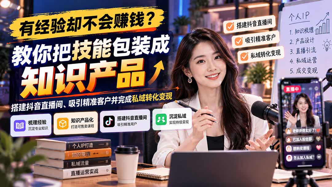 有经验却不会赚钱？教你把技能包装成知识产品，搭建抖音直播间、吸引精准客户并完成私域转化变现-极客网创