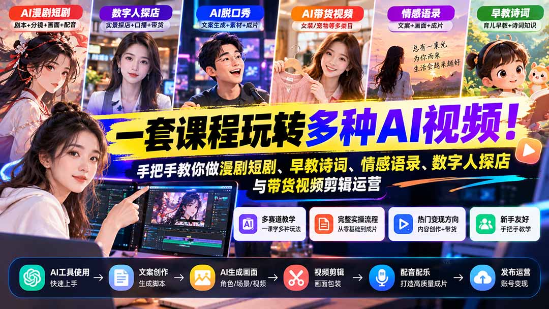 【无水印】一套课程玩转多种AI视频！手把手教你做漫剧短剧、早教诗词、情感语录、数字人探店与带货视频剪辑运营-极客网创
