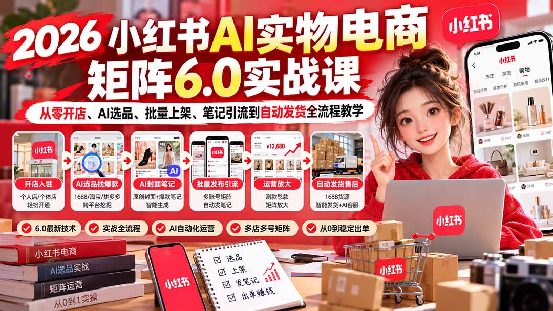 2026小红书AI实物电商矩阵6.0实战课：从零开店、AI选品、批量上架、笔记引流到自动发货全流程教学-极客网创
