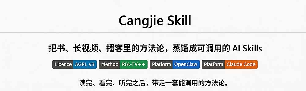 图片[1]-全网走红！GitHub上6.7K Star的开源项目，把任何书、长视频、播客蒸馏成AI工具，值得收藏 cangjie-skill-极客网创